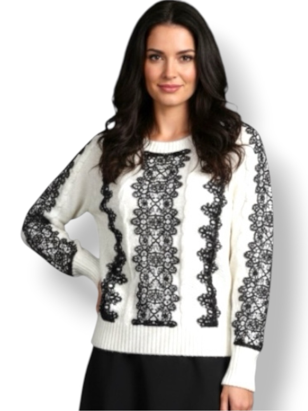 White House Black Market White Crewneck Sweater Black Lace Panels. Women’s Sz M